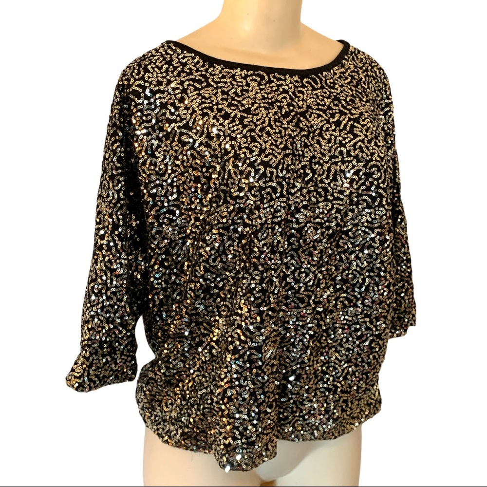 CLEO Petite Gold Sequin Glitter Glam Gem Embellished SL Dress Black Blouse